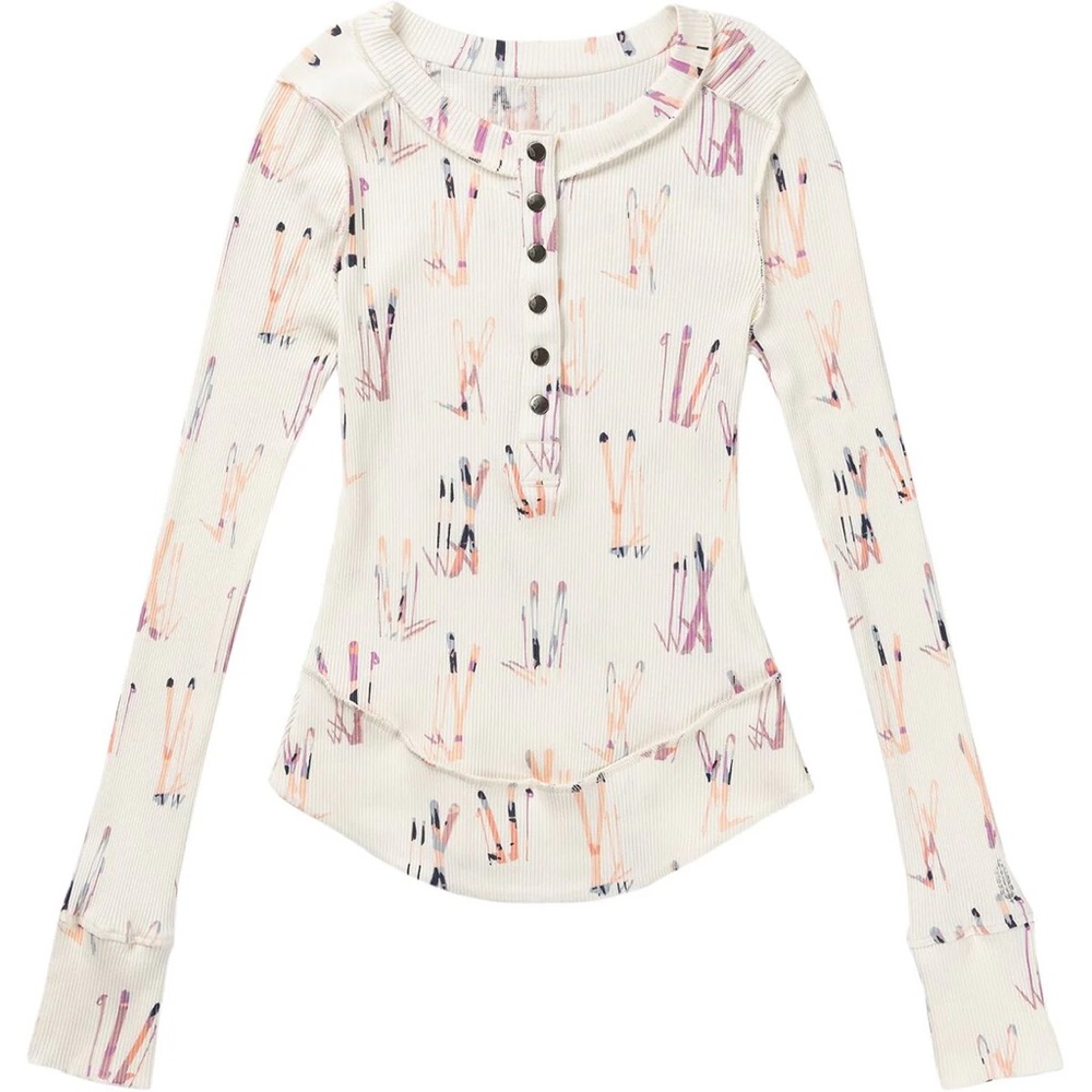 Free People FP Movement Women's Rally Printed Long-Sleeve Henley Knit Layer Skis